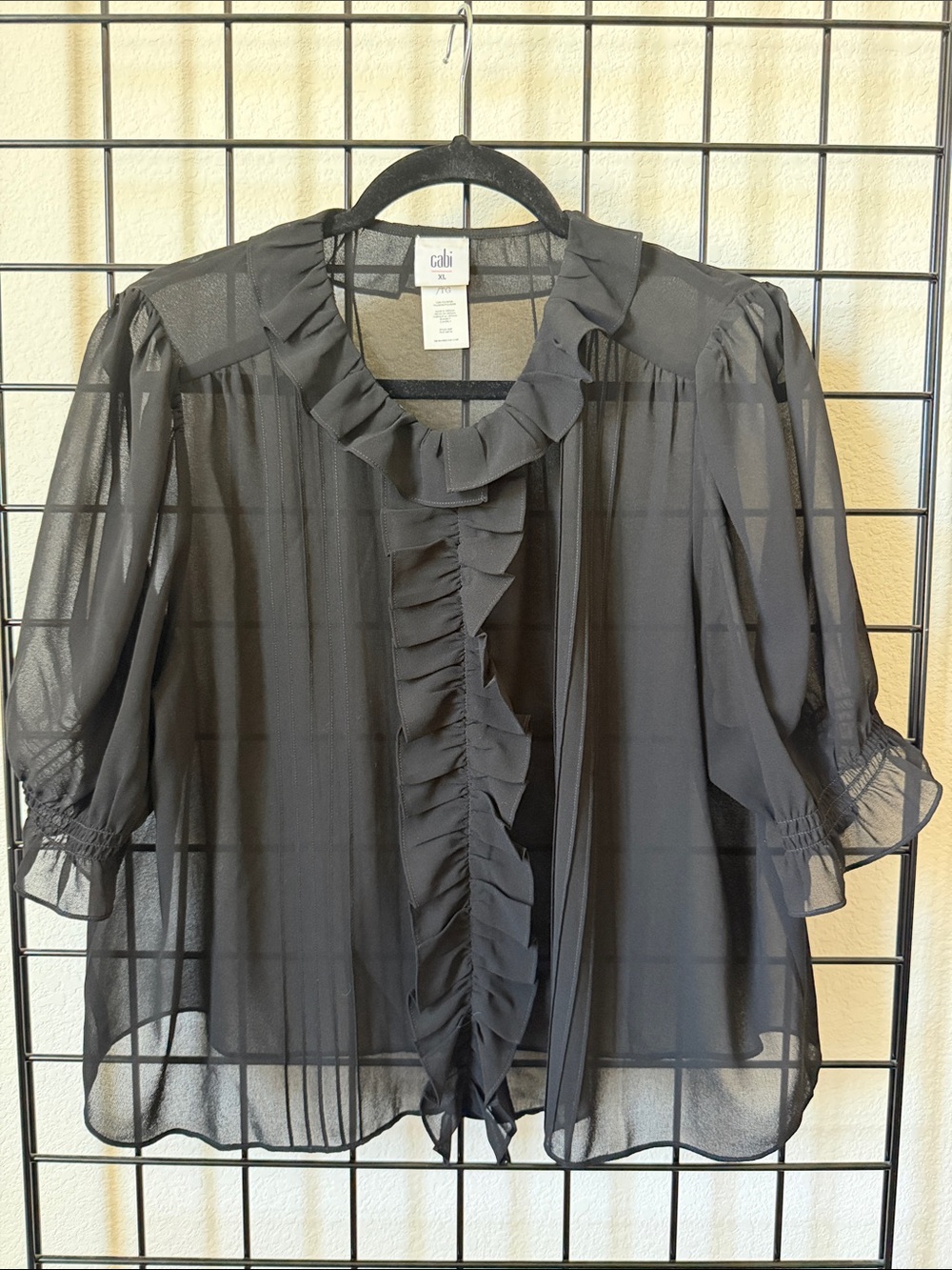 CAbi Cherish Black Sheer Ruffle-Front Blouse